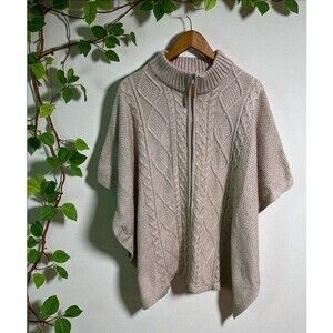 Cupcakes and Cashmere Sweater M/L Zip Front Cable Knit Poncho Classic Mock Neck